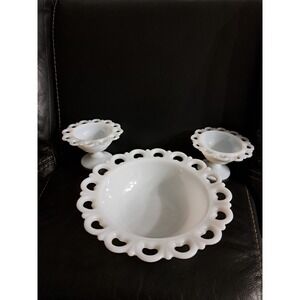 Vintage Anchor Hocking Old‎ Colony Milk Glass Fruit Bowl & 2 Serving Small Bowls